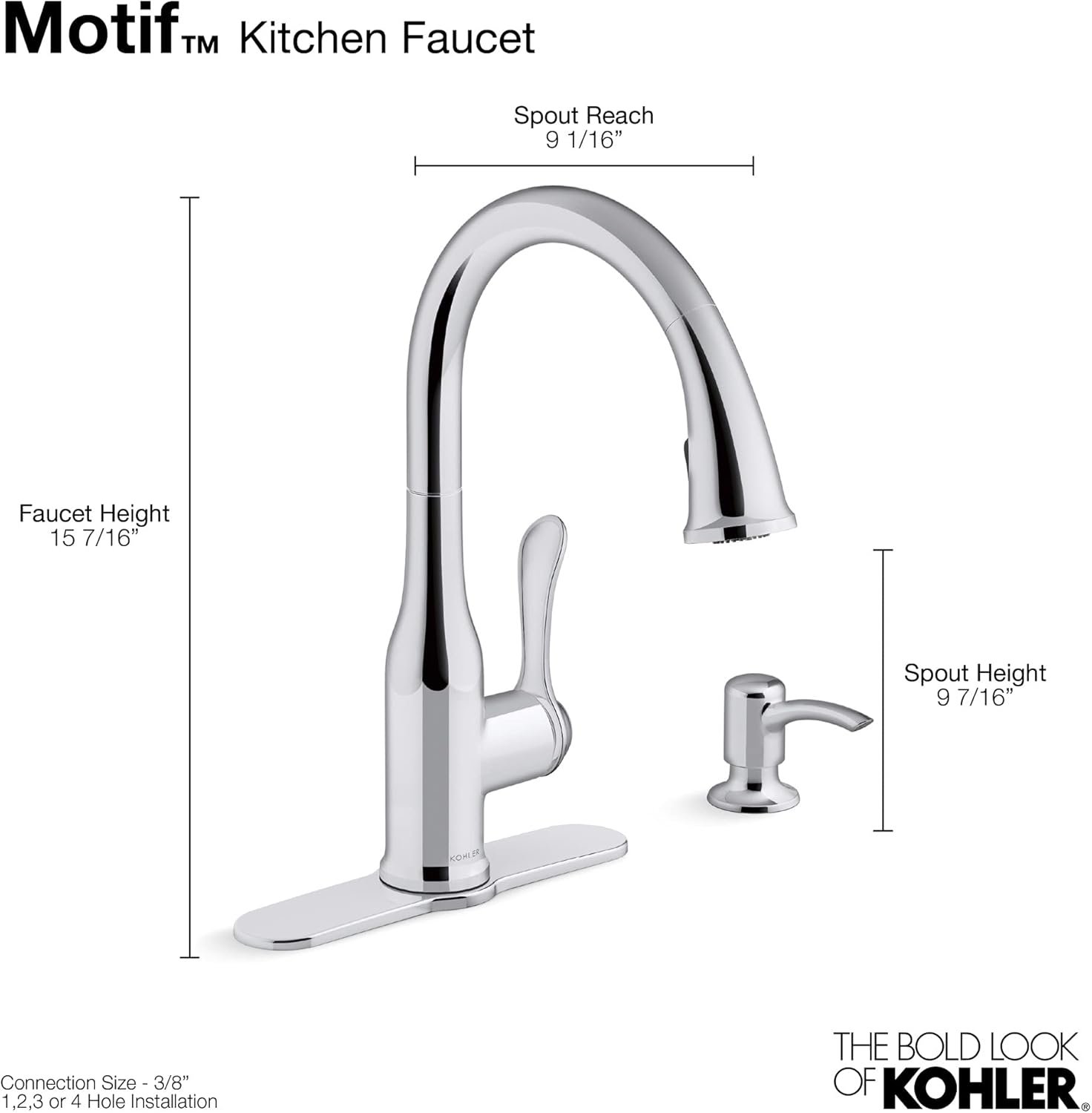 KOHLER K-REC23863-SD-CP Motif Kitchen Faucet with Pull Down Sprayer and Soap Dispenser, Kitchen Sink Faucet in Polished Chrome - Image 5