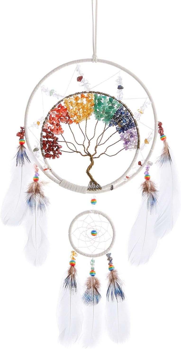 7 Chakras Tree of Life Dream Catcher Wall Decor with Rainbow Healing Crystal Stone Handmade White Feather DreamCatchers Wall Hanging Ornaments for Bedroom Home Decor Blessing Gift Wedding Party-23.6" - Image 2