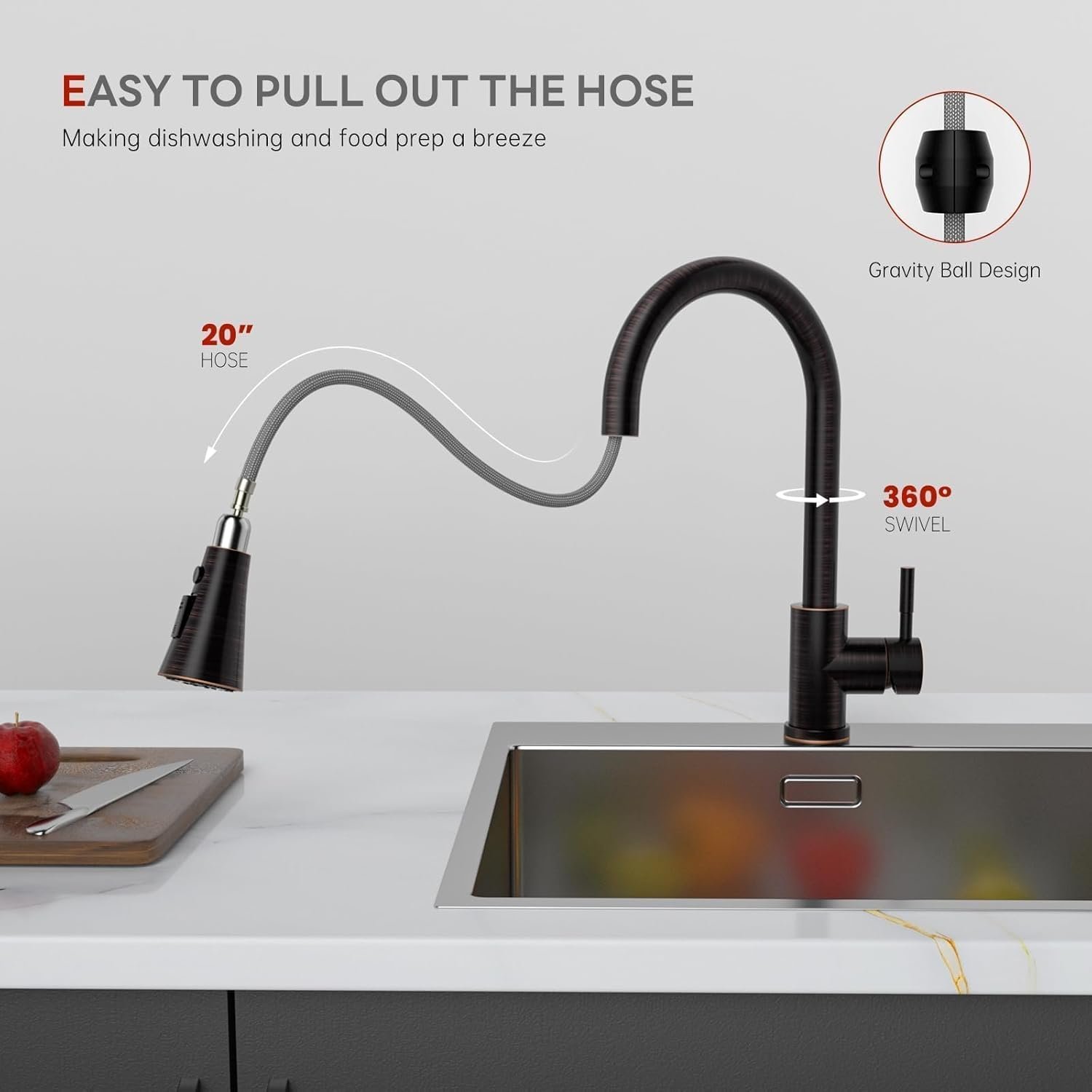 APPASO Bronze Kitchen Faucet with Pull Down Sprayer (3 Modes), Oil Rubbed Bronze High Arc Kitchen Faucet, 304 Stainless Steel 360° Swivel Kitchen Sink Faucet Single Handle Single Hole - Image 5