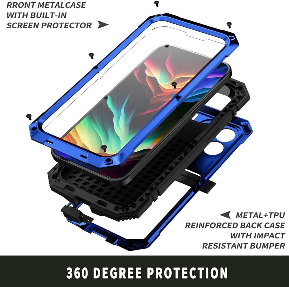 Compatible with iPhone 15 Pro Max Metal Case with Screen Protector Camera Protector Military Rugged Heavy Duty Shockproof Case with Metal Kickstand Full Body Tough Dustproof Case(Blue) - Image 3