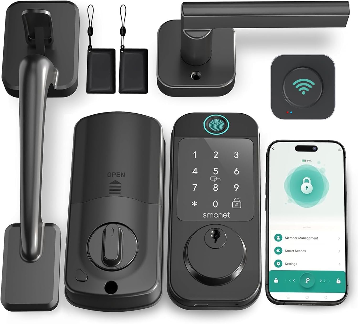 Keyless Entry Door Lock Deadbolt with Handle Set - SMONET Fingerprint WiFi Smart Locks, Digital Remote Control Keypad Bluetooth Alexa Deadbolt Lockset with Auto Lock Code Fob App Black - Image 2