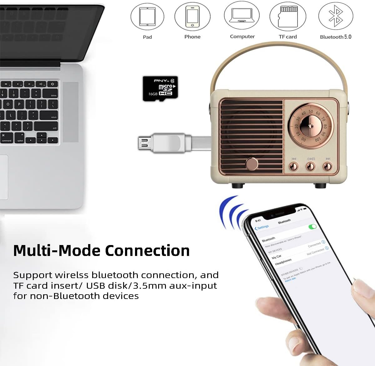 Retro Bluetooth Speaker Wireless Mini Speaker,Bluetooth Speaker with Crystal Clear Stereo Sound Rich Bass,Portable Bluetooth Speaker for iPhone,Android Devices and Tablet (Beige) - Image 3