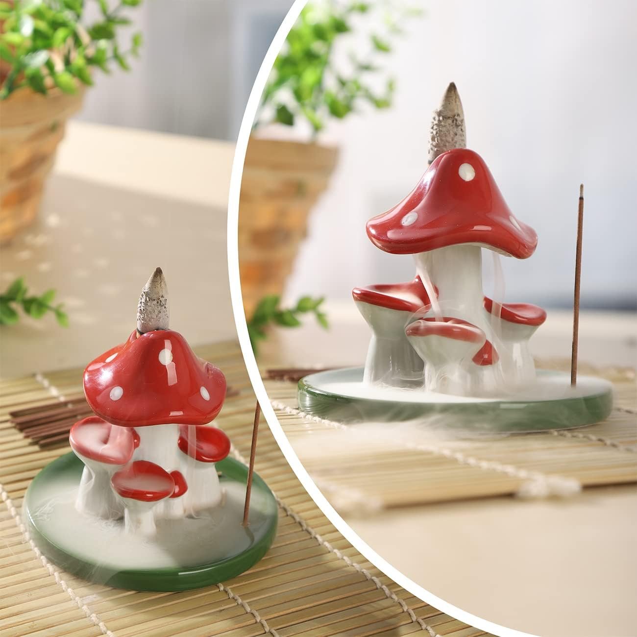 Ceramic Mushroom Incense Holder Backflow Incense Burner Meditation Accessories, with 30 Incense Sticks and 20 Downflow Incense Cones, Handmade Nature Theme Mushroom Incense Burner Tray(Red+Green) - Image 5