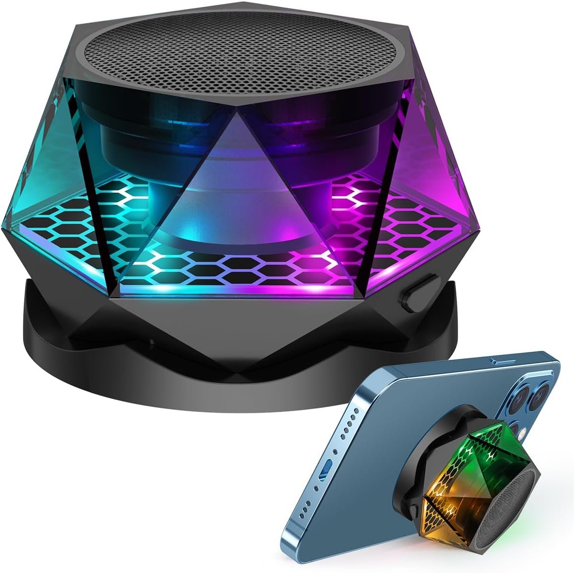 EGKimBa Magnetic Diamond Bluetooth Speaker, Small Wireless Speaker with Multi RGB Color Light Show, Portable Phone Stand for iPhone, Android, TWS Pairing - Image 2