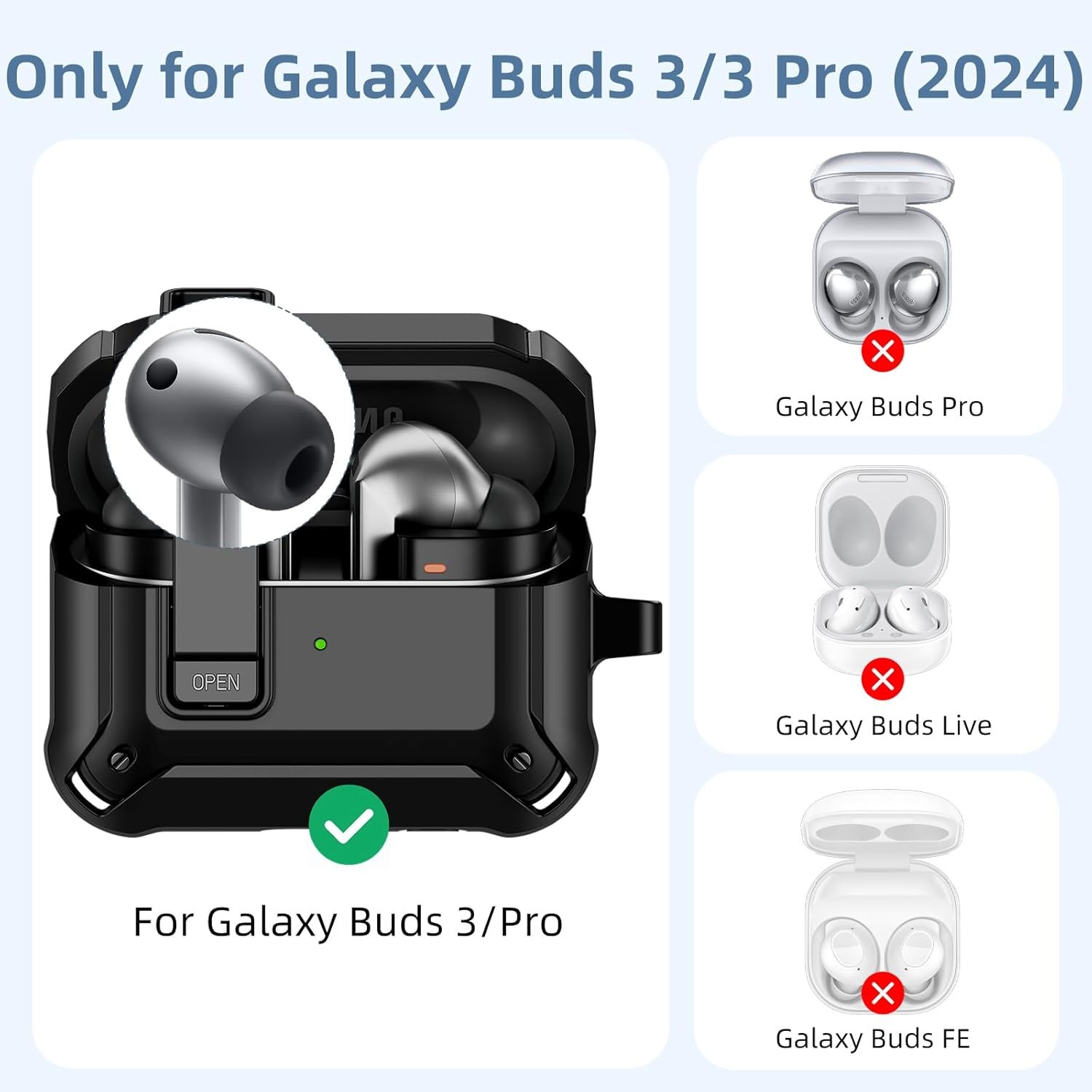 GEAK Case Compatible with Galaxy Buds 3 Pro Case/Samsung Galaxy Buds 3 Case with Carabiner & Cleaning Kit, Full Protective Hard Cover Shell with Secure Lock Clip for Galaxy Buds 3 Men Women, Black - Image 5