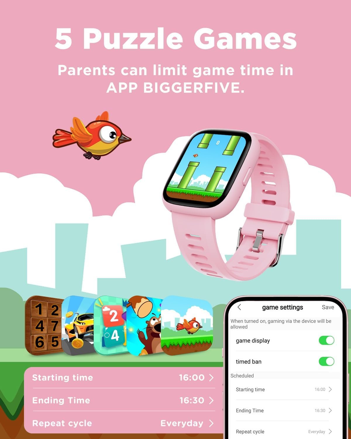 BIGGERFIVE Smart Watch for Kids, 1.8" Fitness Tracker Watch Pedometer, Heart Rate, IP68 Waterproof, Sleep Monitor, Calorie Step Counter, 5 Puzzle Games with/Without APP for Girls Teens 5-16 - Image 7