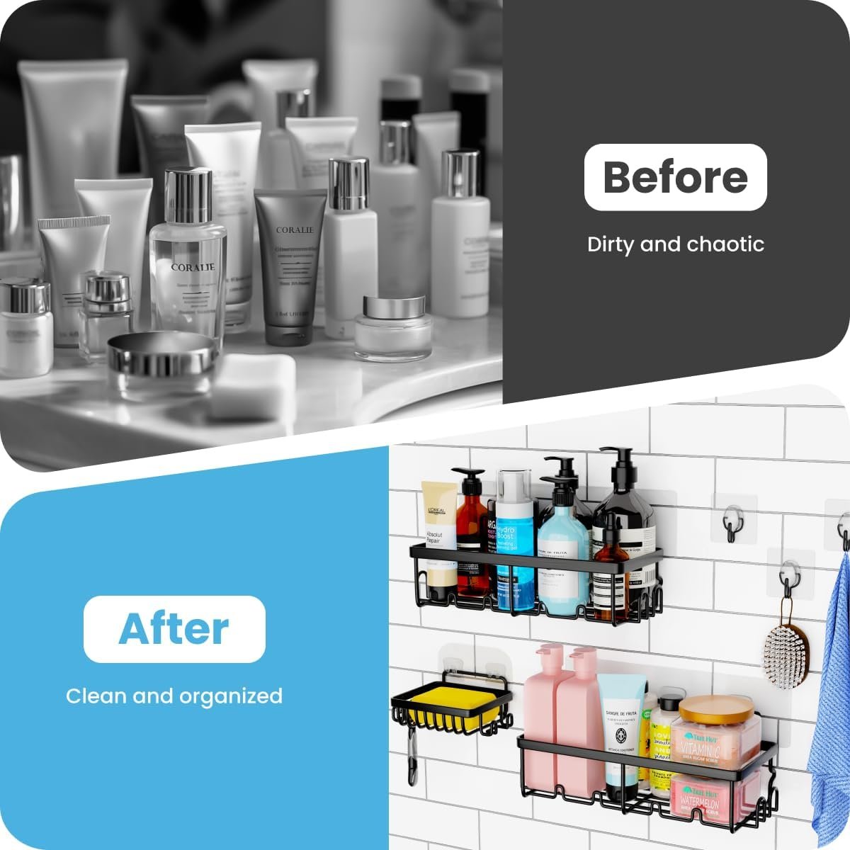 Shower Shelves 3 Pack, Adhesive Shower Organizer with 20 Hooks, 3 Adhesive Hooks, Large Capacity,Stainless Steel Black Shower Caddy,No Drilling,Easy Installation Shelf for Inside - Image 5