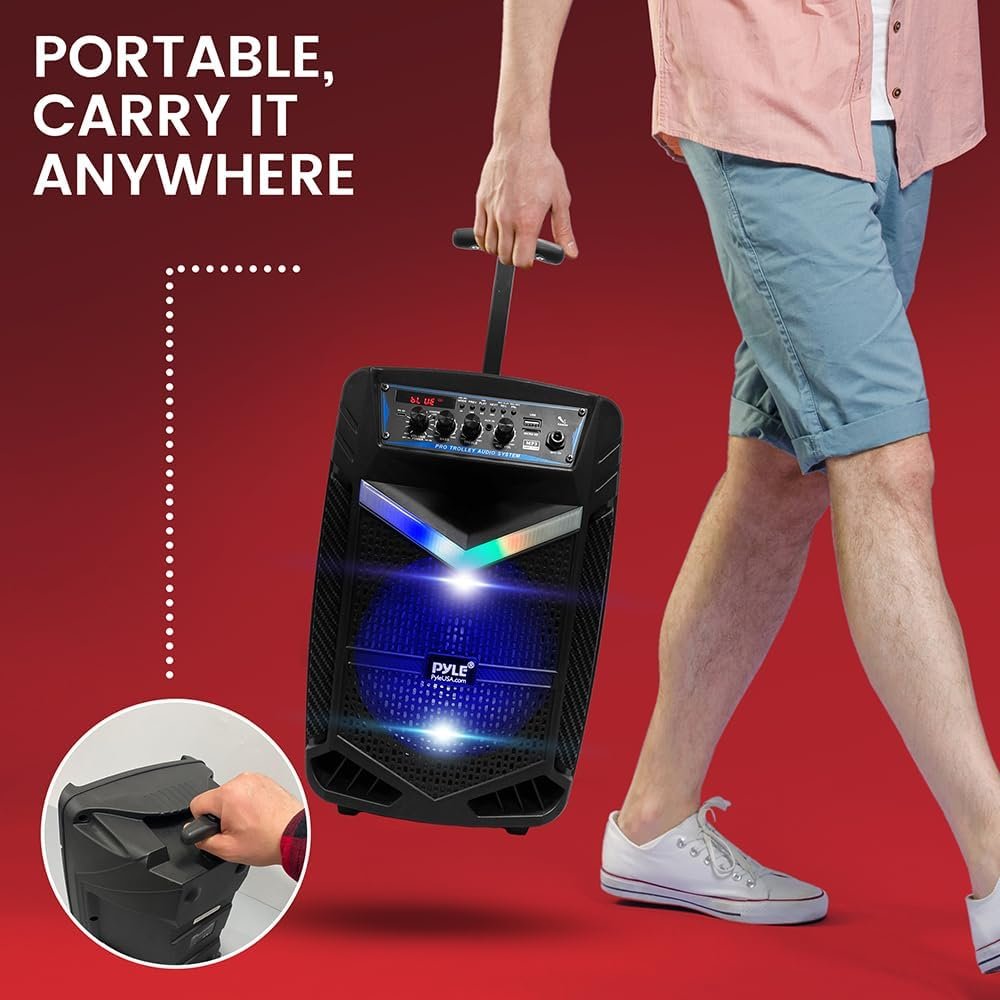 Pyle 400W Rechargeable Outdoor Bluetooth Speaker Portable PA System w/ 8” Subwoofer 1” Tweeter, Recording Function, Mic In, Party Lights USB/SD, Radio - Pyle PPHP842B, BLACK - Image 7