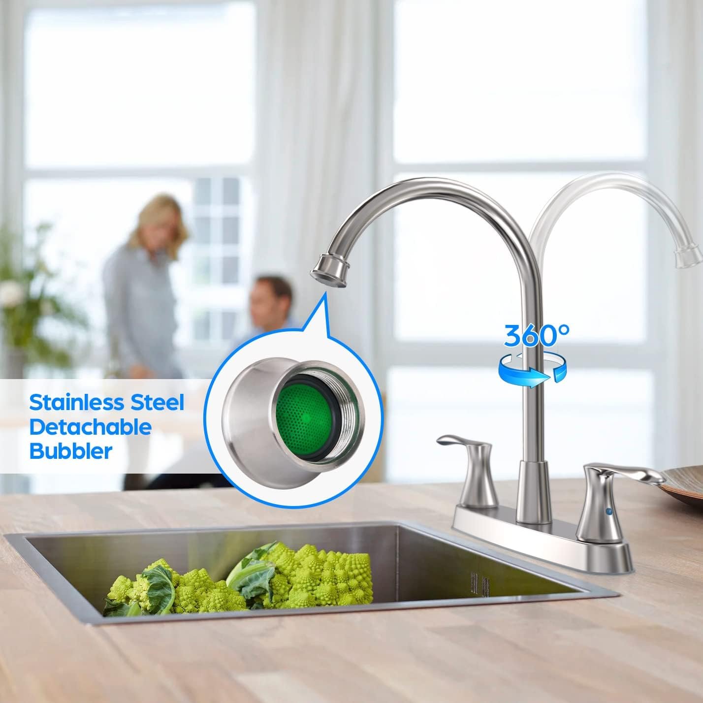 Kitchen Faucet with Sprayer, Brushed Nickel Kitchen Sink Faucet, Kitchen Faucets for Sink 3 Hole or 4 Hole,GOWIN 2 Handle Kitchen Faucet with Side Sprayer, Grifos De Cocina,Stainless Steel - Image 4