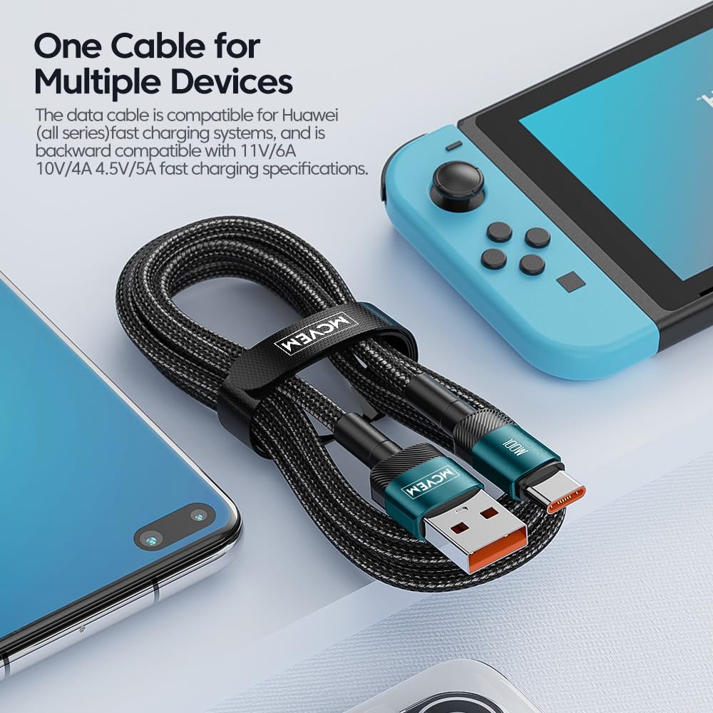 100W USB A to USB C Fast Charging Data Cable 3.3 Feet USB to USB C Cable for Android Charging, iPad, iPhone 15, Devices with USB C Charging - USB A to C Braided Cable with Blue Metal Ends - Image 3