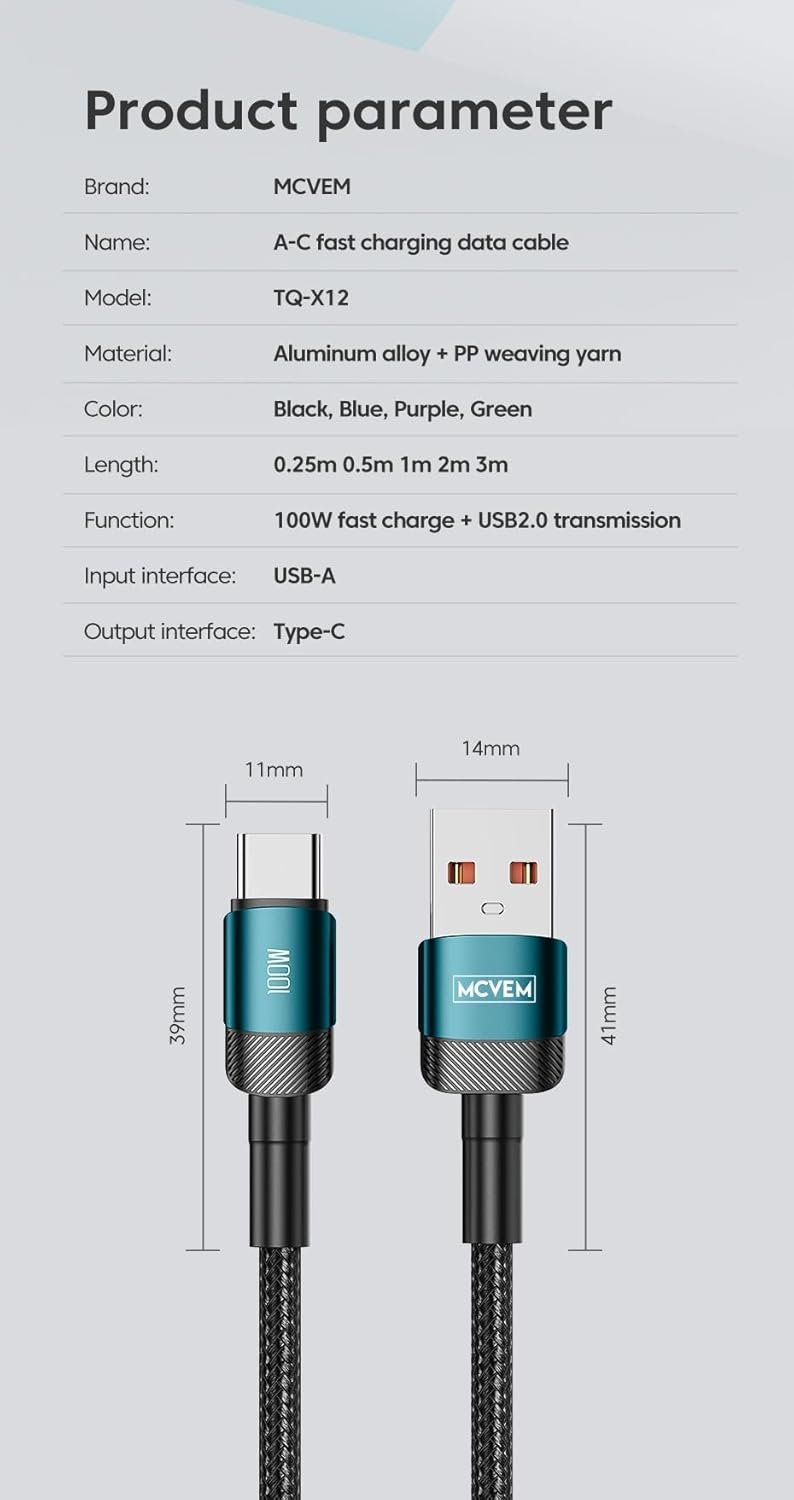 100W USB A to USB C Fast Charging Data Cable 3.3 Feet USB to USB C Cable for Android Charging, iPad, iPhone 15, Devices with USB C Charging - USB A to C Braided Cable with Blue Metal Ends - Image 4
