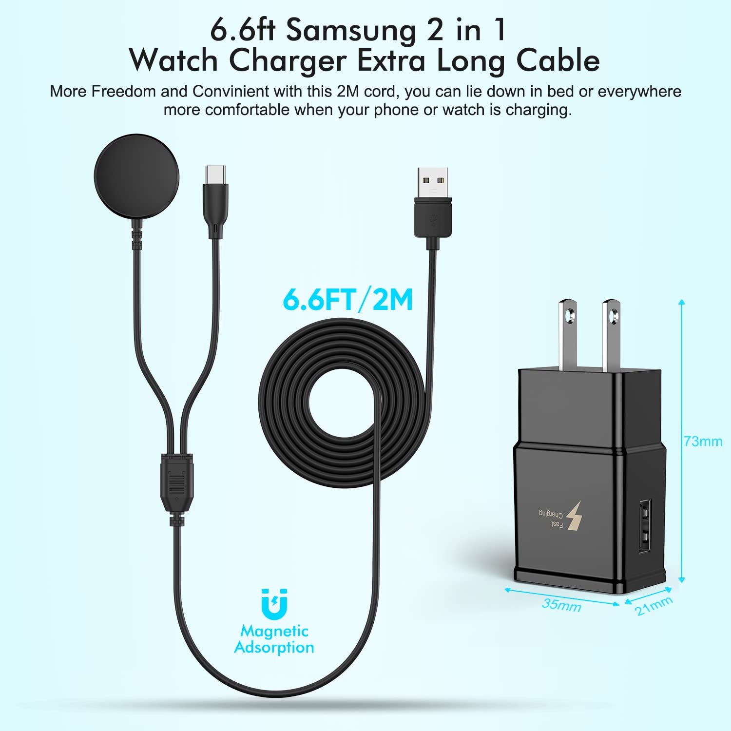 2 in 1 Samsung Watch Charger 6.6FT/2M Galaxy Watch Charger Cable with 18W USB A Fast Charger Power Adapter Plug for Samsung Galaxy Watch Ultra/7/FE/6/5/4,Galaxy S24/S23/S22,Fold 6/5,Flip 6/5,Buds,Tab - Image 4