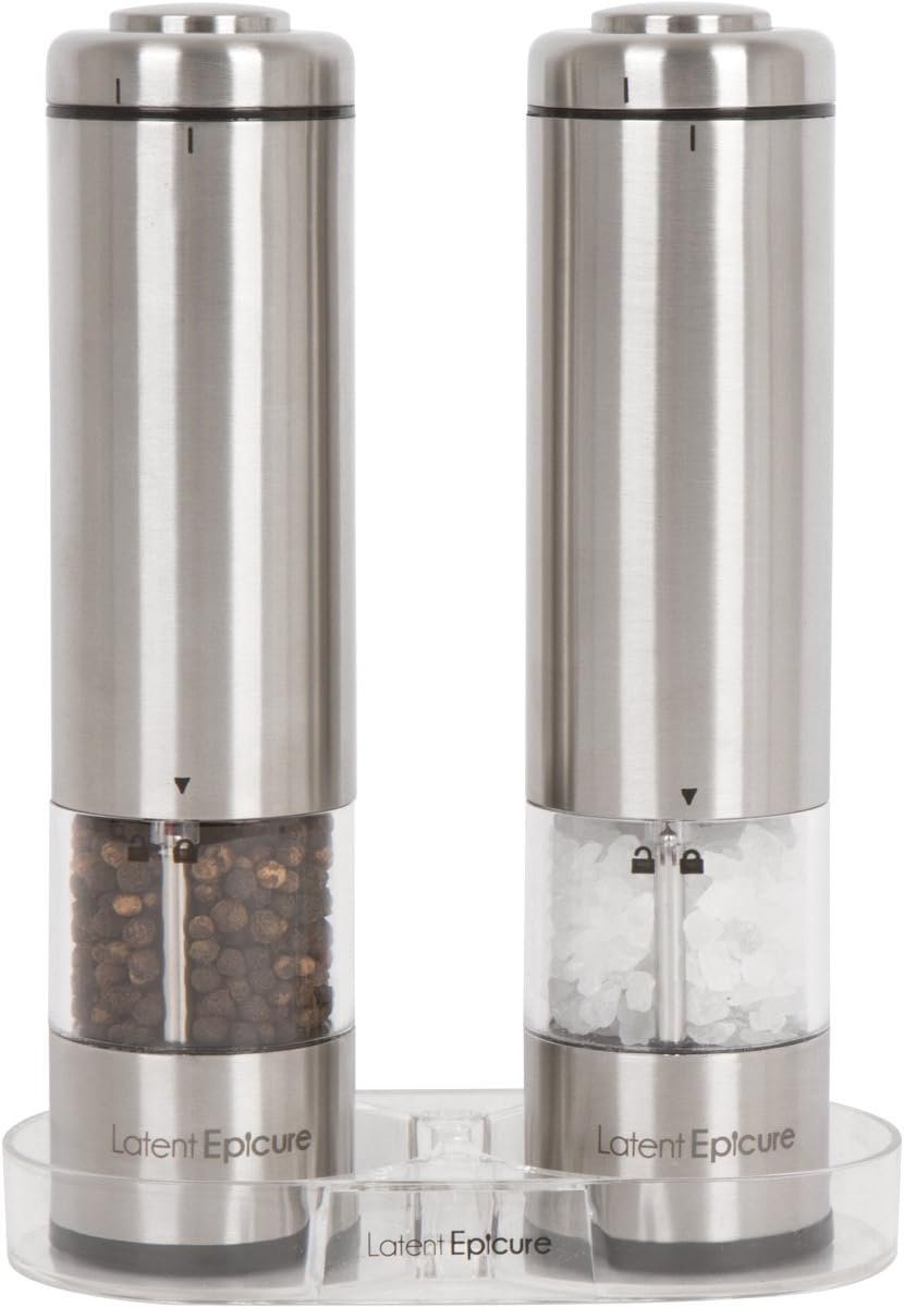 Electric Salt and Pepper Grinder Set (pack of 2) - Stainless Steel Battery Operated Salt & Pepper Mills with Light - Complimentary Mill Rest- One Handed Operation Adjustable Ceramic Grinders - Image 2