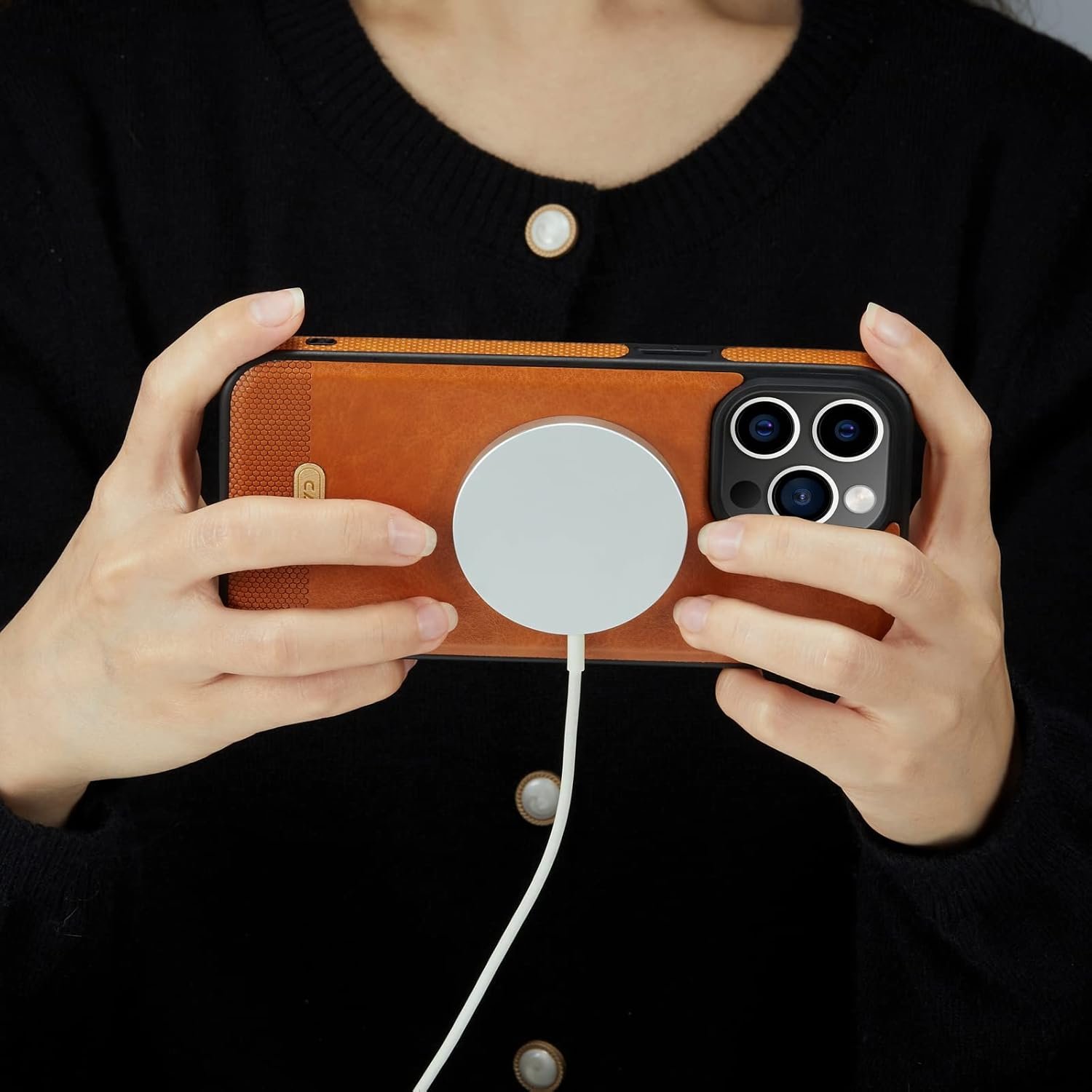 Casus Designed for iPhone 15 Pro Max Case Compatible with MagSafe Leather Slim Logo View Luxury Elegant Thin Cover with Tempered Glass Screen Protector (2023) - Brown - Image 7