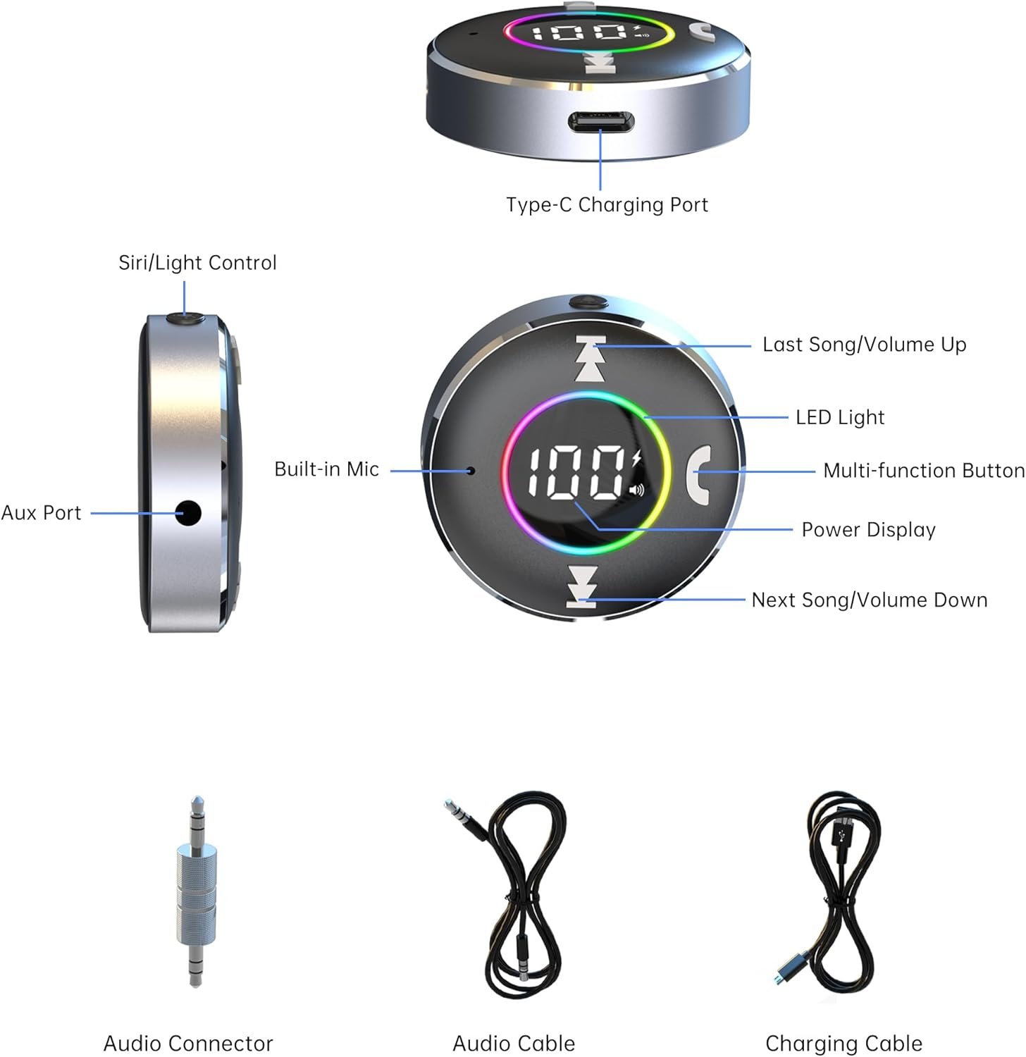 LAICOMEIN Bluetooth Receiver for Car, Bluetooth 5.3 AUX Adapter with LED Battery Display and Ambient Light, Wireless Audio Receiver for Car/Home Stereo/Speaker/Wired Headphones (Silver) - Image 4