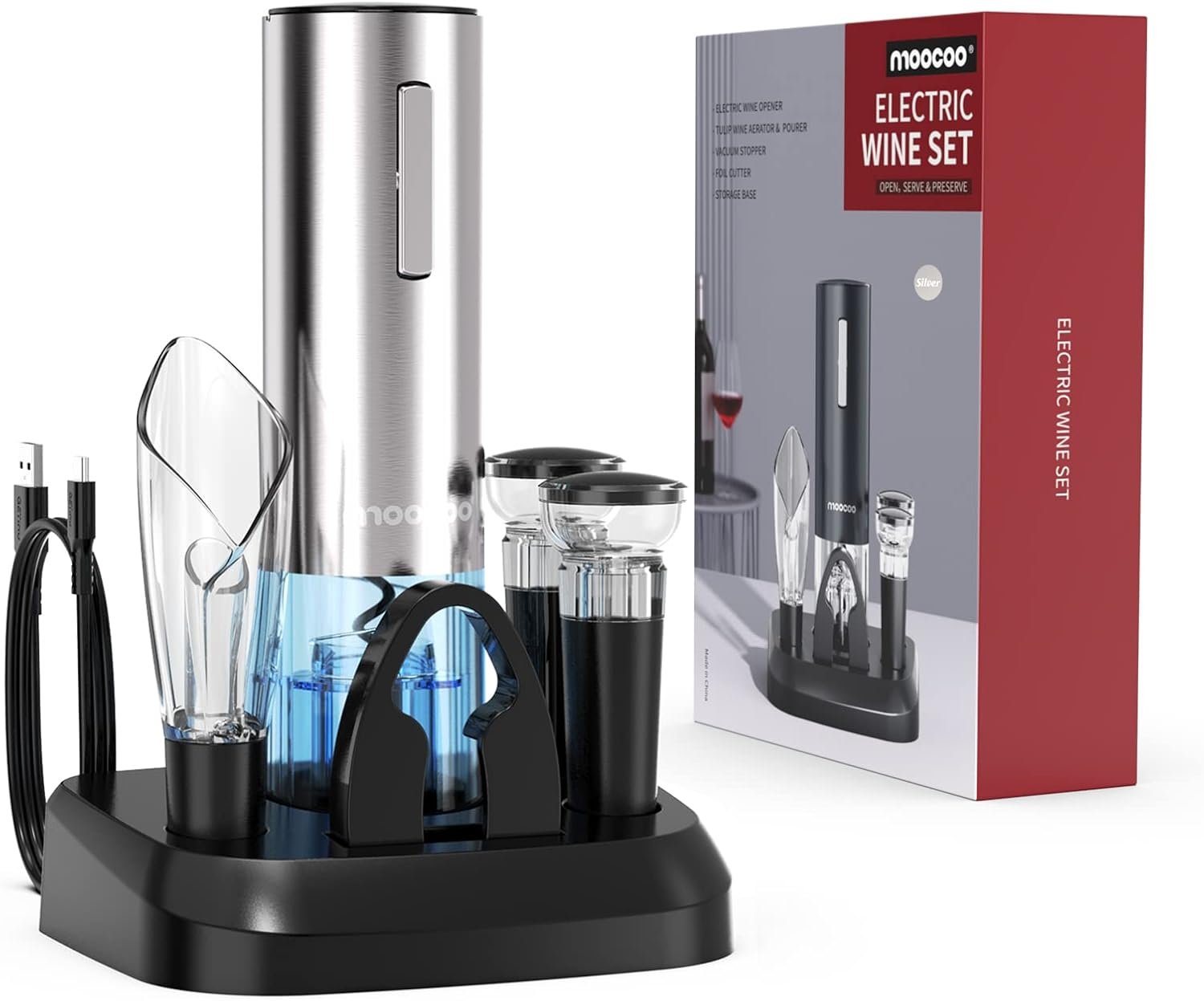 Electric Wine Opener with Charging Base, Moocoo Stainless Steel Automatic Electric Wine Bottle Corkscrew Opener Gift Set with 2-in-1 Aerator & Pourer, Foil Cutter, 2 Vacuum Stoppers, Rechargeable - Image 2