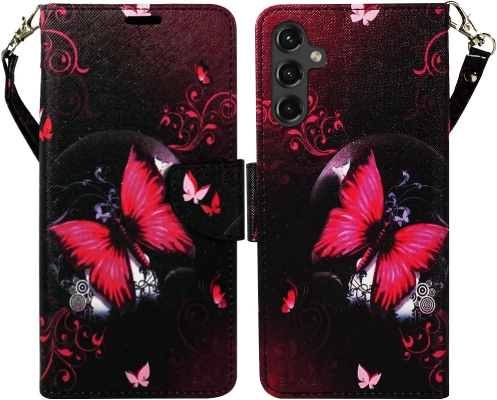 Zase Design Cover for Samsung Galaxy A14 5G Protective Wallet Phone Case Cute Woman Girls Premium PU Leather Flip Folio w/Kickstand ID Card Slot Wrist Strap Magnetic Lock (Hot Pink Butterfly) - Image 2
