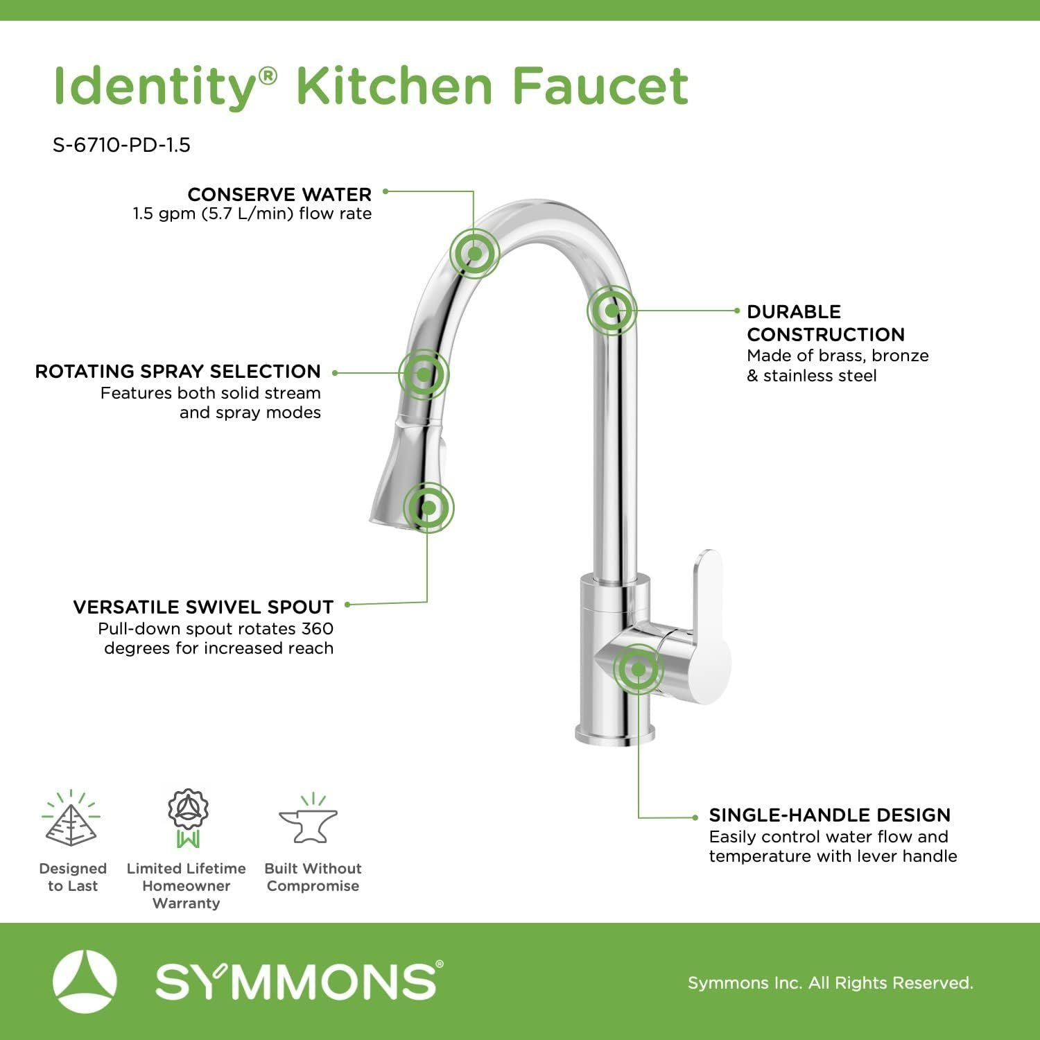 Symmons S-6710-PD-1.5 Identity Single-Handle Pull-Down Kitchen Faucet in Polished Chrome (1.5 GPM) - Image 6