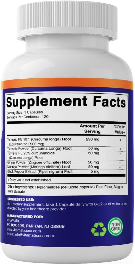 Vitamatic Turmeric Curcumin 3000mg, 95% Curcuminoids, Black Pepper, Ginger, Moringa, 120 Vegetable Capsules, Non-GMO, Gluten Free (120 Capsules) - Image 8