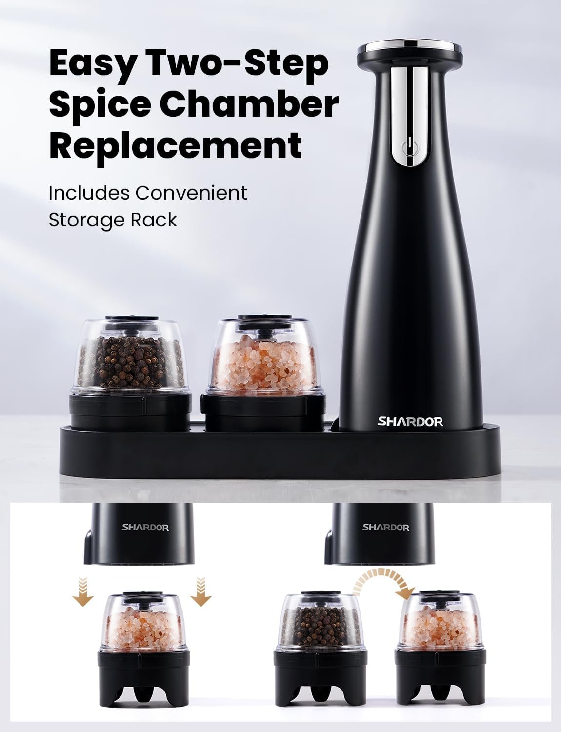 SHARDOR Electric Salt and Pepper Grinder Set, Adjustable Pepper Mill with Ceramic Grinding Elements, Rechargeable Spice Grinder with LED Light and 2 Quick-Change Pods, Ideal for Home Cooking - Image 7