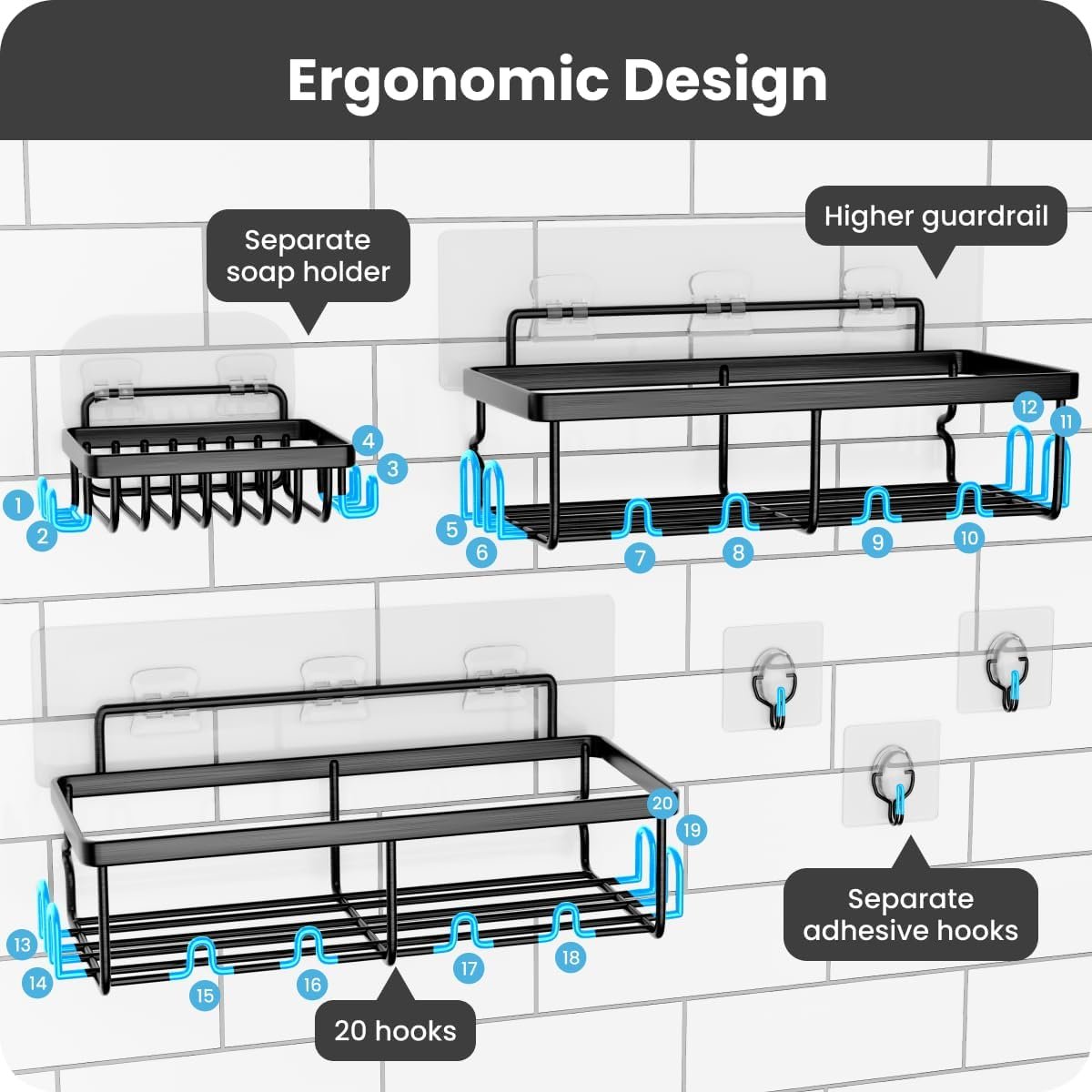 Shower Shelves 3 Pack, Adhesive Shower Organizer with 20 Hooks, 3 Adhesive Hooks, Large Capacity,Stainless Steel Black Shower Caddy,No Drilling,Easy Installation Shelf for Inside - Image 4