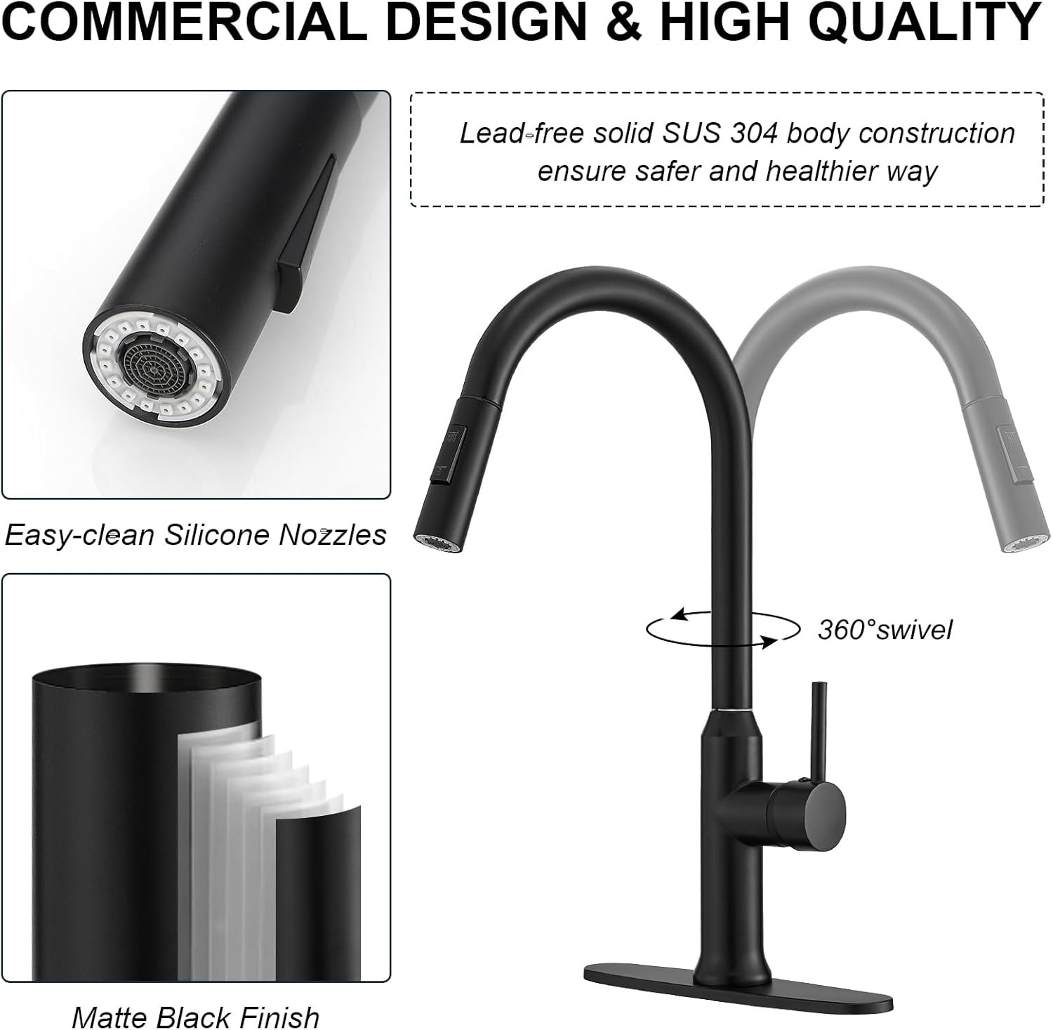Matte Black Kitchen Faucet with Pull Down Sprayer, Single Handle Kitchen Sink Faucet 1 or 3 Hole Commercial Rv Stainless Steel Kitchen Faucet with Deck Plate and cUPC Supply Lines - Image 5