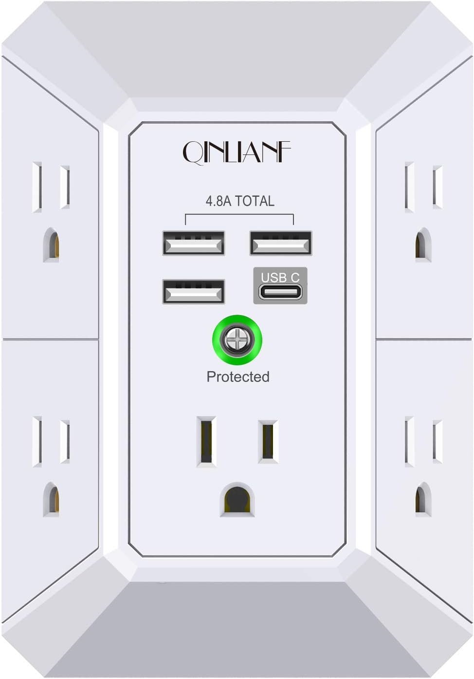 Wall Charger, Surge Protector, QINLIANF 5 Outlet Extender with 4 USB Charging Ports (4.8A Total) 3-Sided 1680J Power Strip Multi Plug Adapter Spaced for Home Travel Office (3U1C) - Image 2