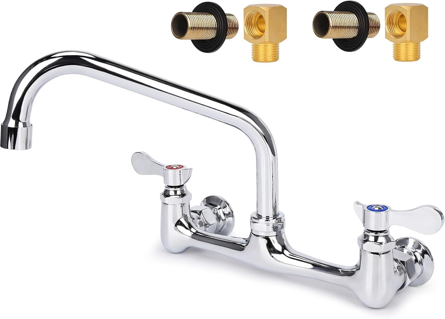 Wall Mount Kitchen Faucet 8" Center Commercial Sink Faucet with 8” Swivel Spout Dual Handles Brass Utility Sink Faucet for Laundry Room Restaurant Polish Chrome with 90° Installation Kit - Image 2