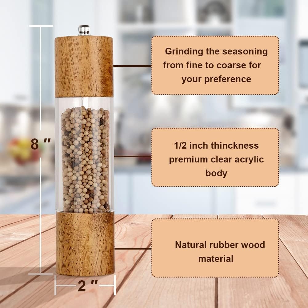 Premium Acrylic Salt and Pepper Grinder Set, Manual Salt and Pepper Mills- Wooden Shakers with Adjustable Ceramic Core-Salt Grinder and Pepper Mill -8 Inches-Pack of 2 - Image 3