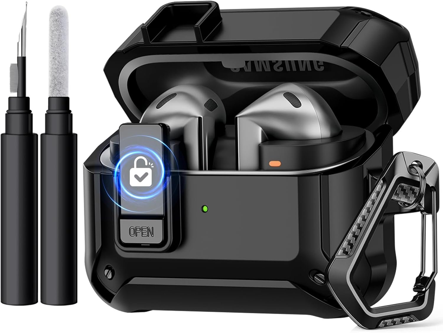 GEAK Case Compatible with Galaxy Buds 3 Pro Case/Samsung Galaxy Buds 3 Case with Carabiner & Cleaning Kit, Full Protective Hard Cover Shell with Secure Lock Clip for Galaxy Buds 3 Men Women, Black - Image 2