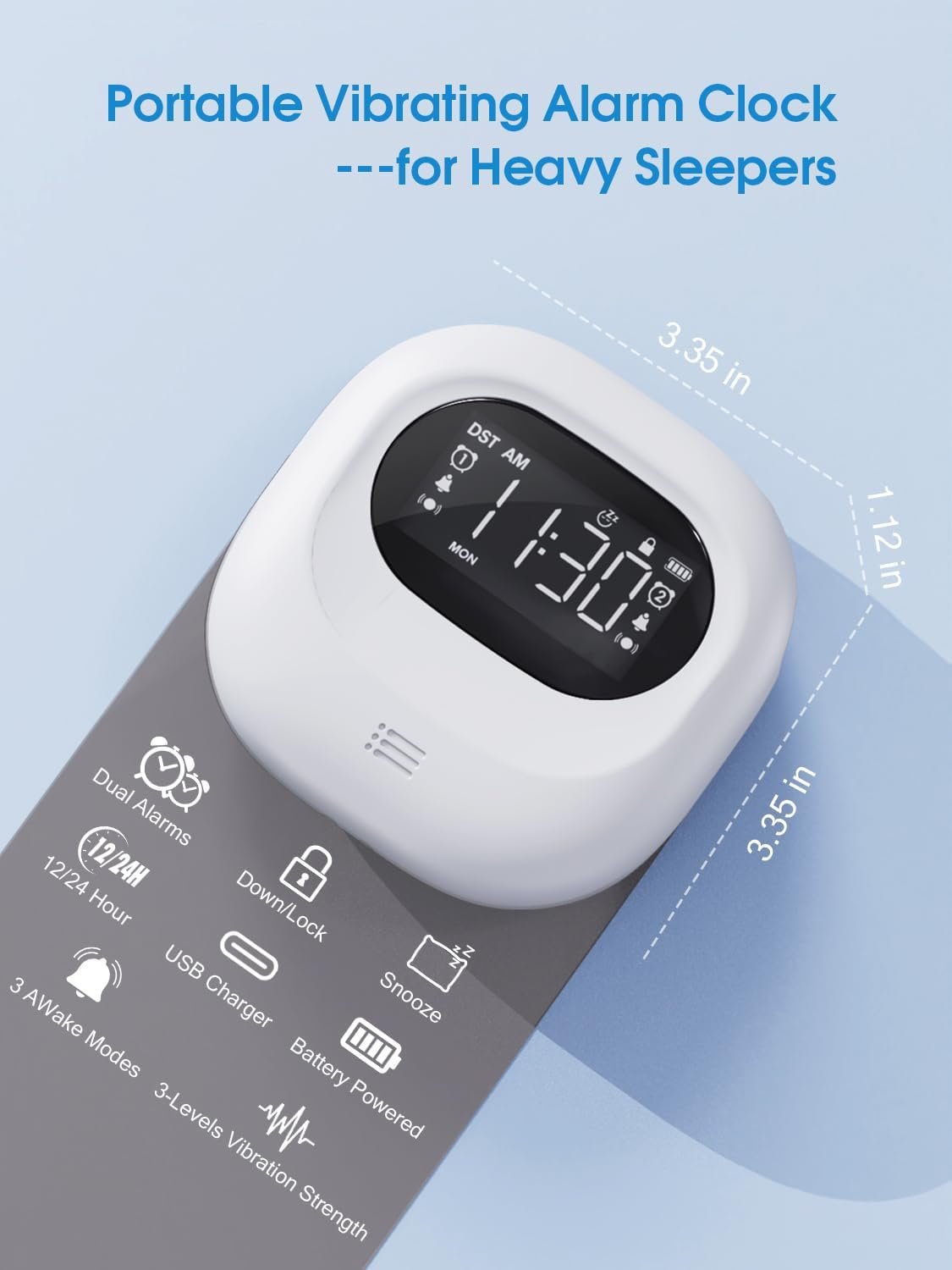 PPLEE Small Wireless Digital Vibrating Clock, Loud Alarm Clock for Heavy Sleepers Adults, Weekday/Weekend Dual Alarms for Bedrooms, Rechargeable Battery Powered Bed Shaker Under Pillow, Week Display - Image 3