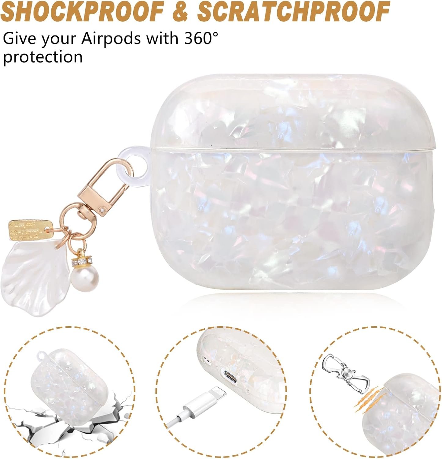 Cute AirPod Pro 2 Case with Shell Pearl Keychain Bling Marble Design Hard TPU Cover Compatible with AirPods Pro 2nd Generation 2022 Case for Women and Girls - Image 5