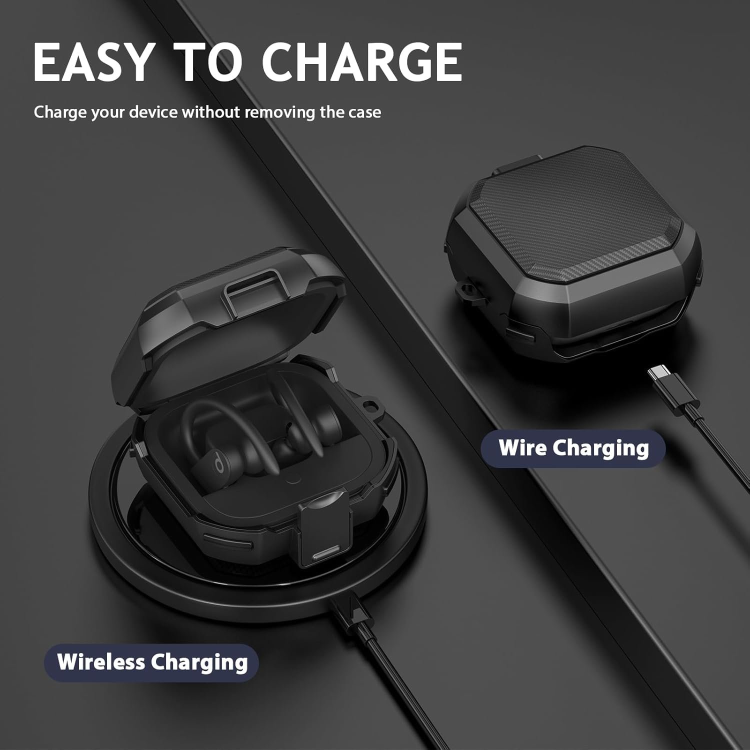 Powerbeats Pro Case Cover, Military Carbon Fiber Compatible with Powerbeat Pro Case, Four-Corner Wrapping and Safety Lock 360° Protect Your Powerbeats Pro (Black) - Image 6