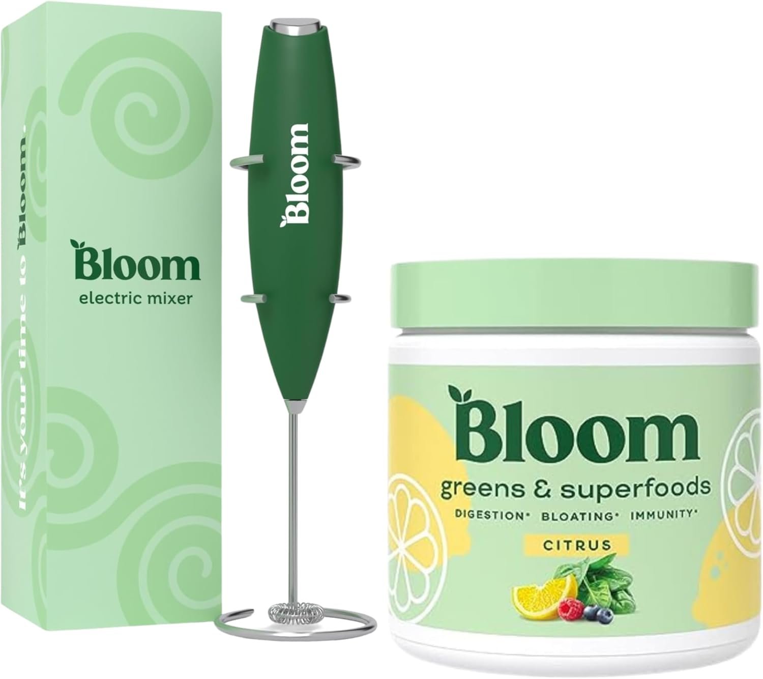 Bloom Nutrition Superfood Greens Powder, Digestive Enzymes with Probiotics and Prebiotics, Gut Health, Bloating Relief, Citrus + Milk Frother High Powered Hand Mixer - Image 2