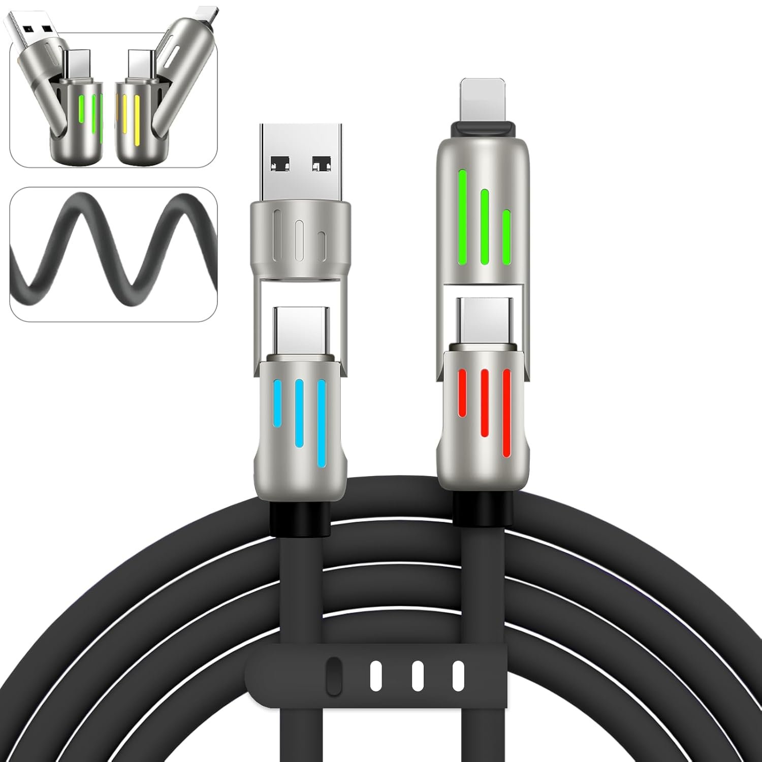 240w 4-in-1 USB C Cable,Multi Charger Cable with Breathing Light, PD 5A Multi Fast Charging & Data Sync Silicone Compatible for iPhone Samsung Laptop Multi Device Charging,4FT(Black) - Image 2