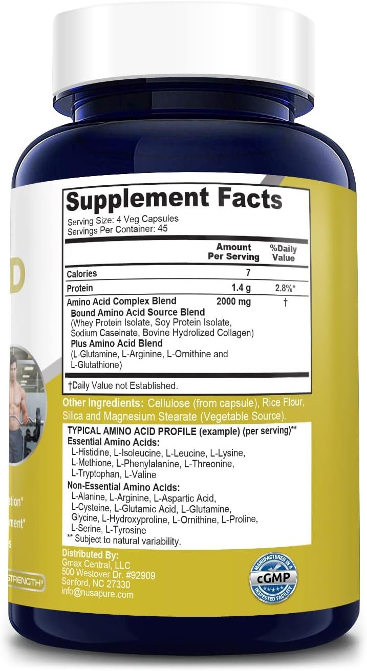 NusaPure Amino Acid Complex Blend 2000 mg-180 Caps (Non-GMO, Gluten-Free) - Image 4