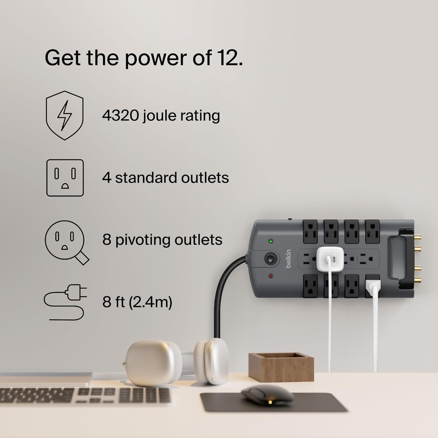 Belkin Surge Protector Power Strip w/ 8 Rotating & 4 Standard Outlets - 8ft Sturdy Extension Cord w/ Flat Pivot Plug for Home, Office, Travel, Desktop & Charging Brick - 4320 Joules of Protection - Image 3
