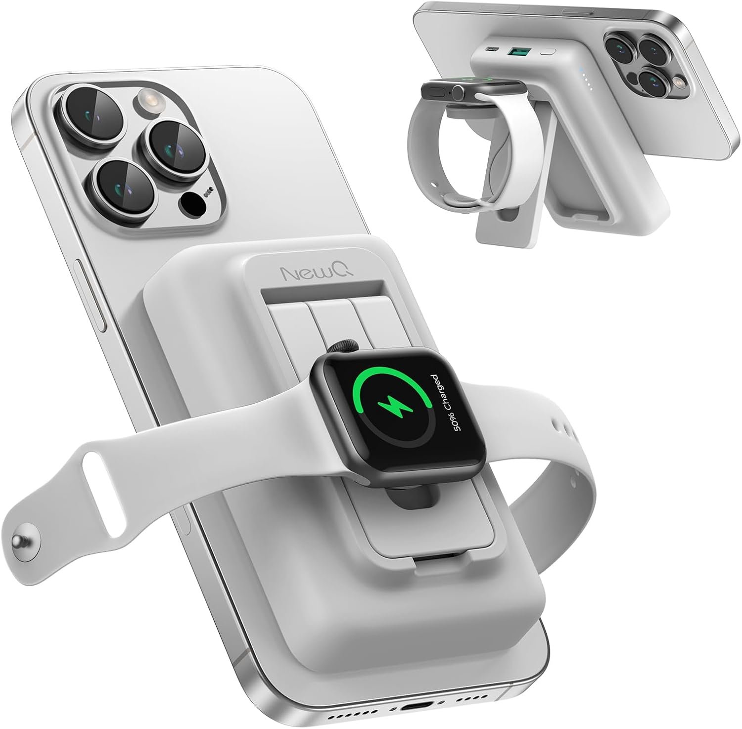 Portable Charger with Apple Watch Charging, 10000mAh Magnetic Wireless Power Bank for iPhone 16/15/14/13/12, Apple Watch, Samsung, Google Pixel (Magnetic Case), Foldable Stand, Wired PD 18W, White - Image 2