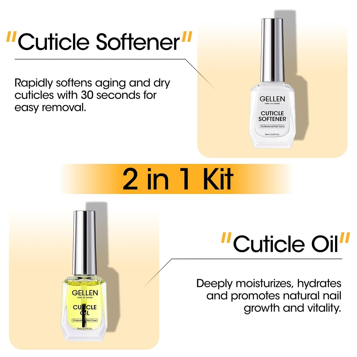 Gellen Cuticle Oil & Softener for Nails, 2 Pcs 18ml Cuticle Remover & Strengthener, Nail Cuticle Protector, 2 in 1 Nail Care Kit for Cuticle Removing & Repairng Manicure Essentials for Gel Nail Polish - Image 4