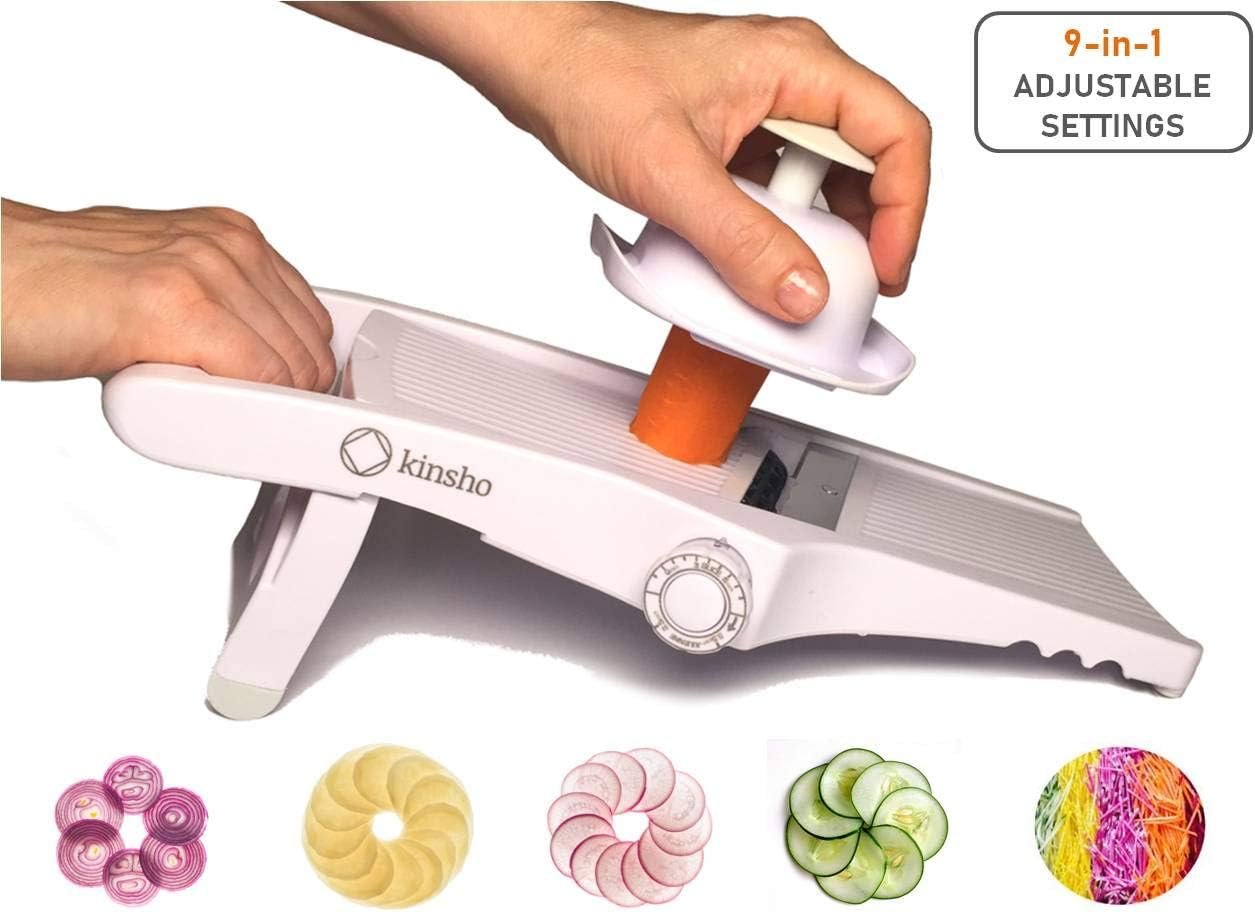 Mandolin Slicer Adjustable Mandoline | Best Hand-Held Cutter for Vegetable Potato Zucchini Food | Professional Steel Blade - Safe Finger Guard - 9-in-1 Japanese Design White - Image 6