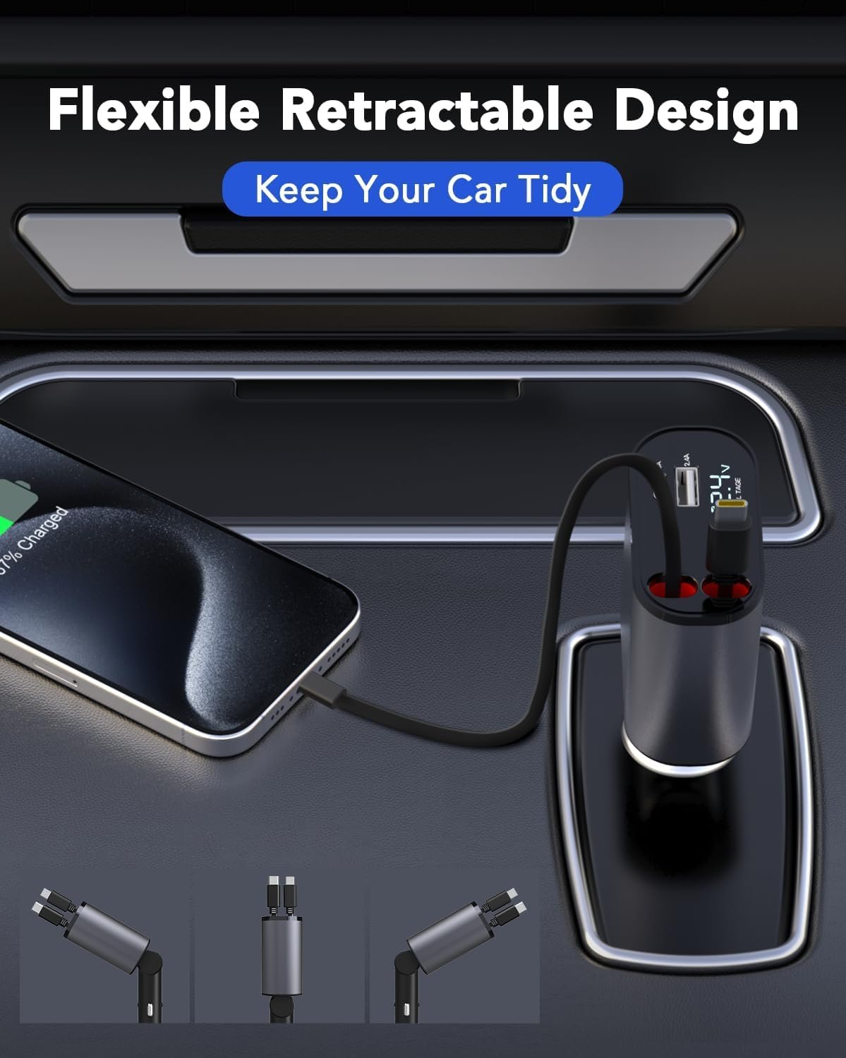 Retractable Car Charger, 4 in 1 Fast Car Phone Charger 66W, 2 Retractable Cables and USB Car Charger, Compatible with iPhone 16/15/14/13/12/11,Galaxy,Pixel - Image 8