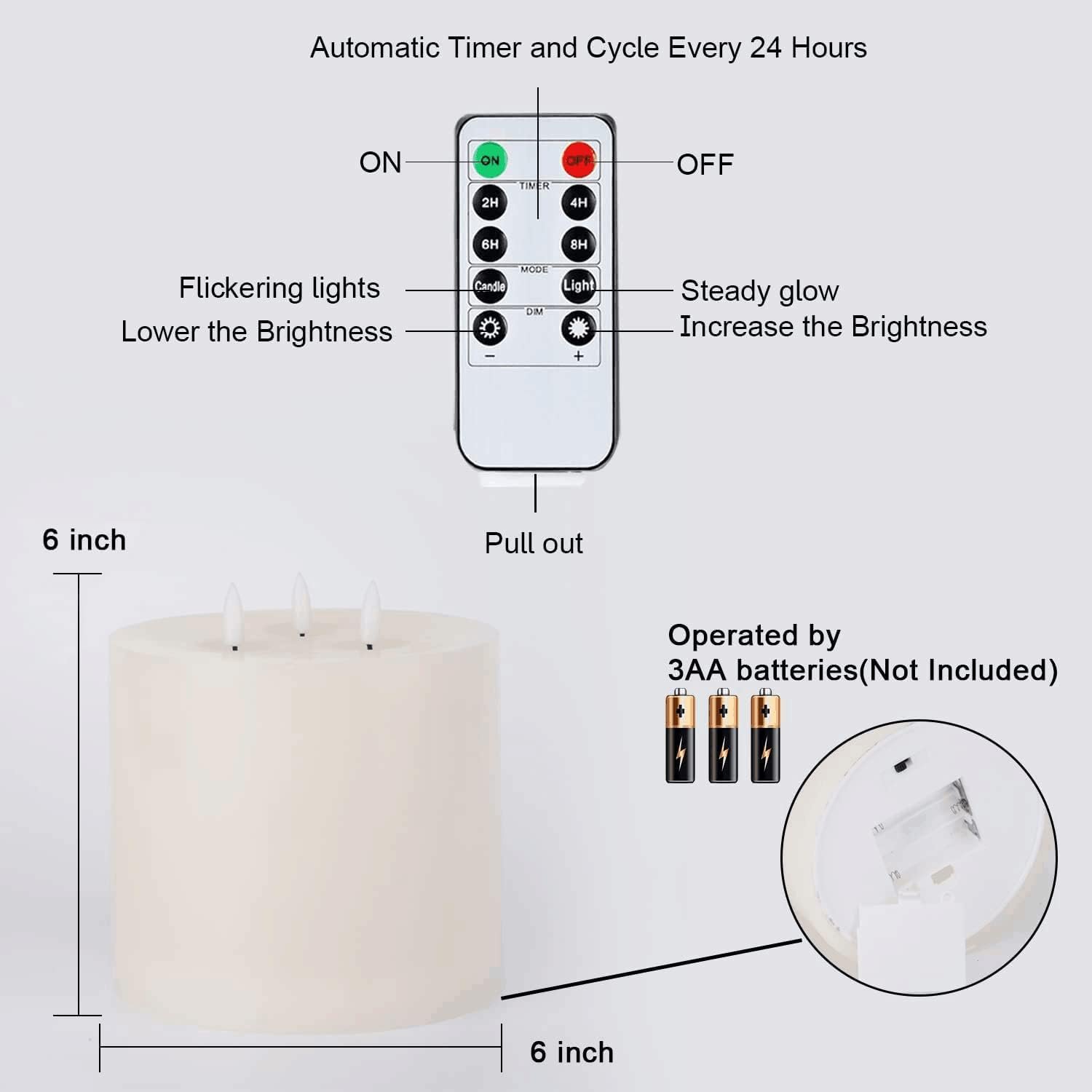 Amagic 6"x6" Extra Large Flameless Candles with 3 Wicks, Battery Operated Candles with Remote Control and Timers, 6 inch Diameter LED Pillar Candles, Real Wax, Ivory - Image 7
