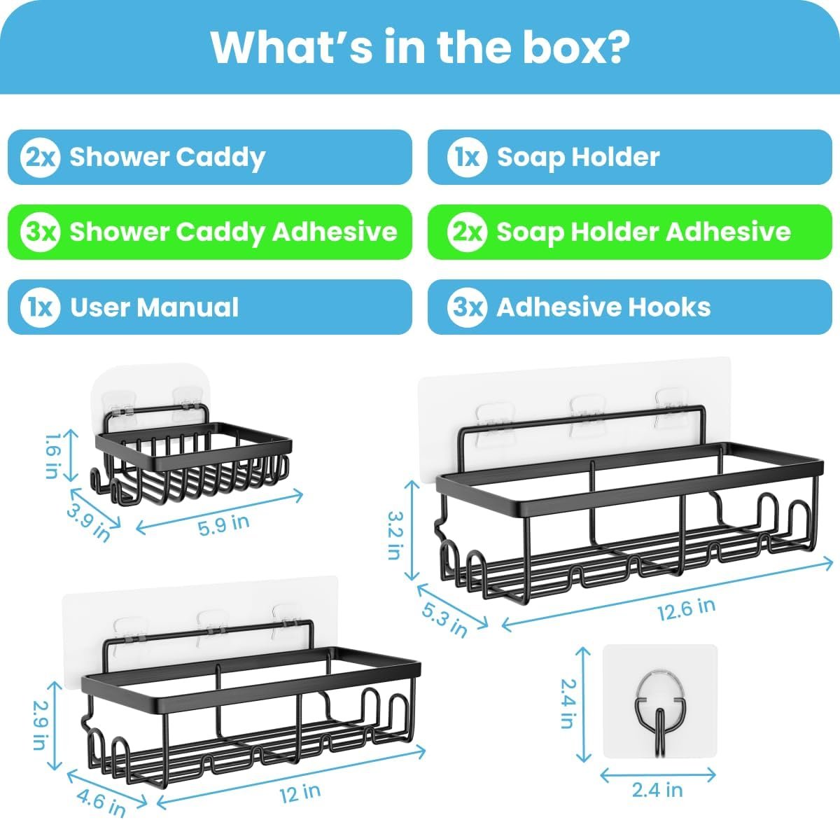 Shower Shelves 3 Pack, Adhesive Shower Organizer with 20 Hooks, 3 Adhesive Hooks, Large Capacity,Stainless Steel Black Shower Caddy,No Drilling,Easy Installation Shelf for Inside - Image 3
