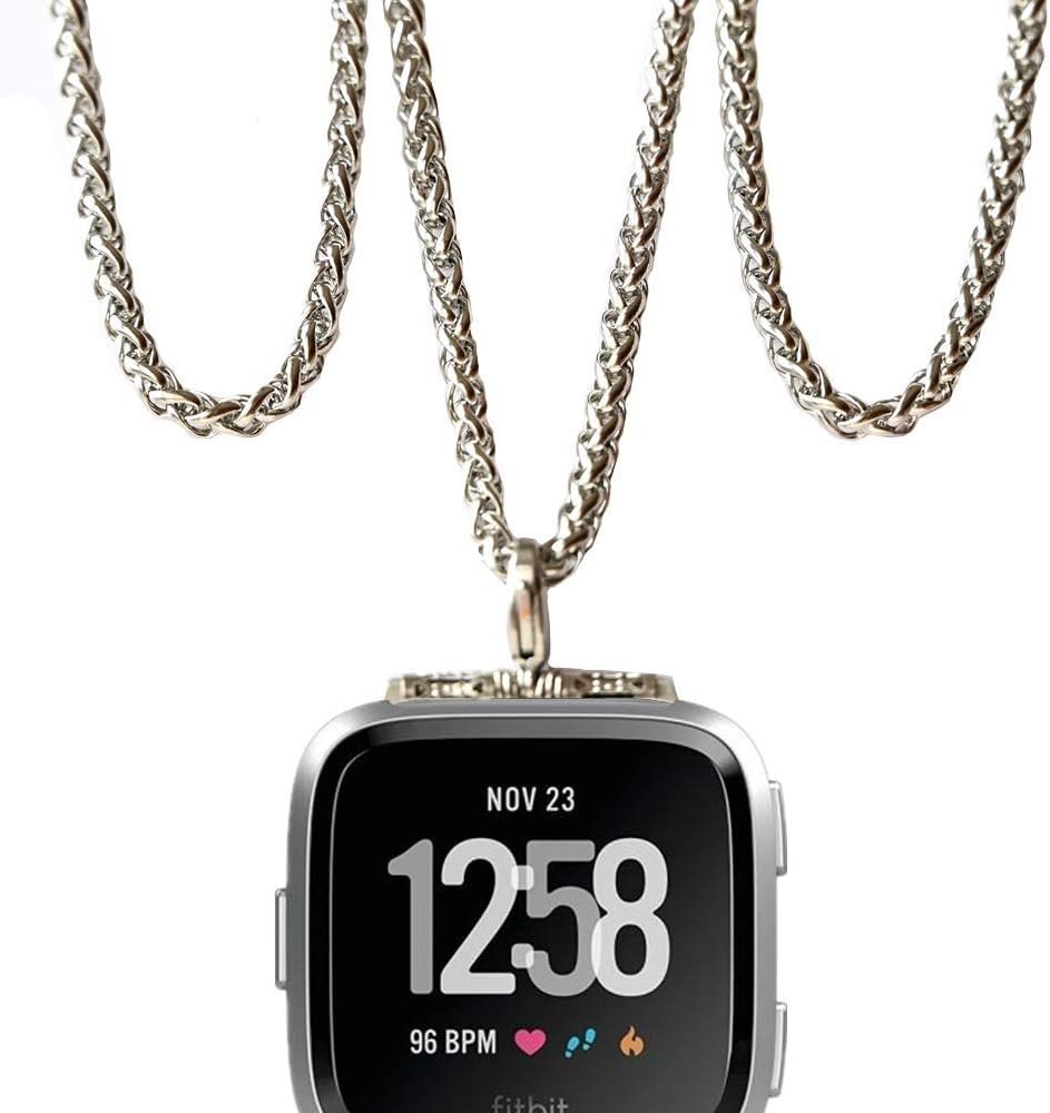 Stainless Steel Chain Necklace Smartwatch Band Compatible with Fitbit Versa 1/2/Lite Newest Polished Silver Metal Wheat Chain Strap Rope Neckband Replacement Accessories Wearable Technology Women Men - Image 2