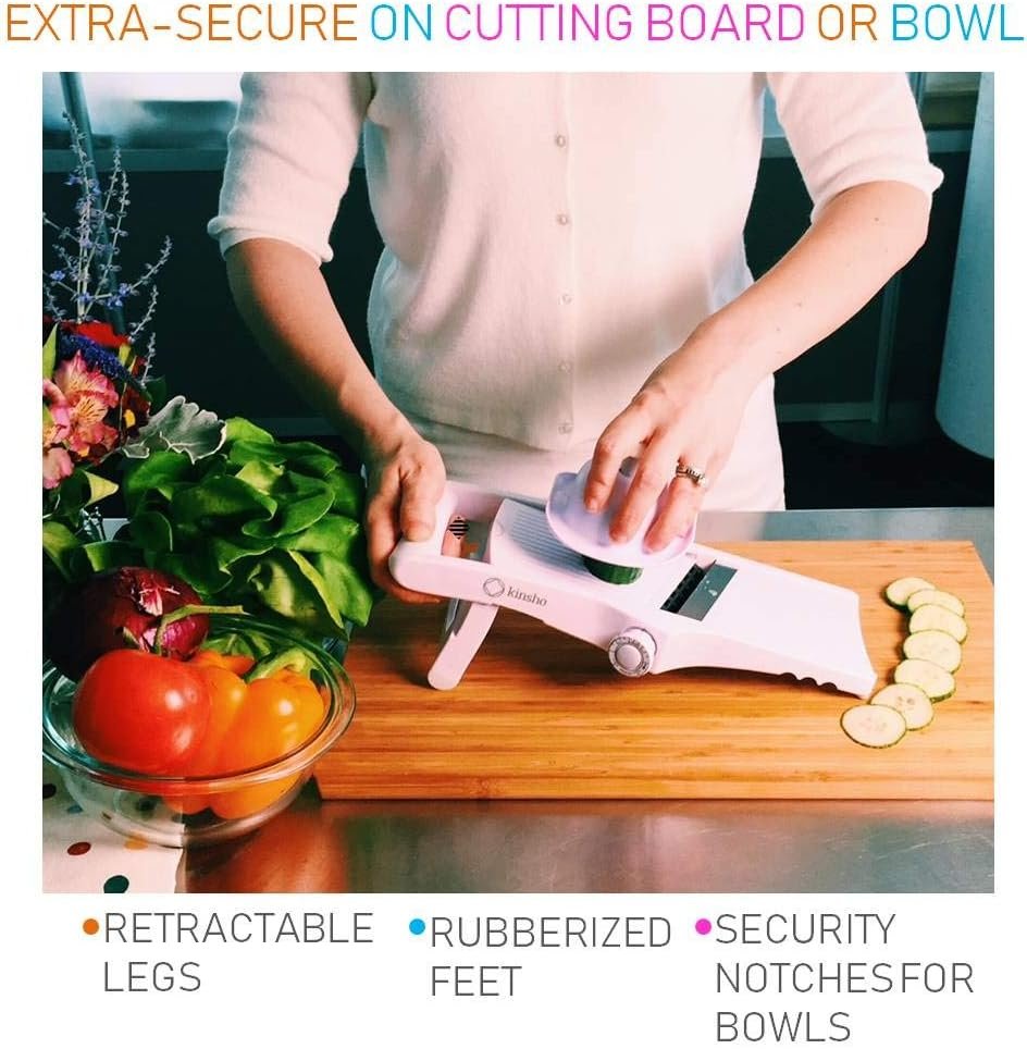 Mandolin Slicer Adjustable Mandoline | Best Hand-Held Cutter for Vegetable Potato Zucchini Food | Professional Steel Blade - Safe Finger Guard - 9-in-1 Japanese Design White - Image 4