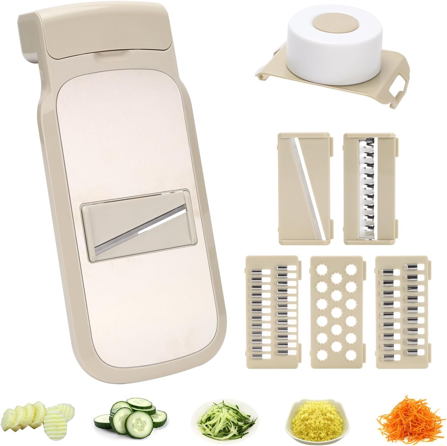 PRENTISS 5 in 1 Adjustable Mandoline Food Slicer for Kitchen Removable Blade Grip Handle Multipurpose Mandoline Chopper Potato Slicer Fruit Vegetable Cheese Onion Slicer Maker Grater(Khaki) - Image 2