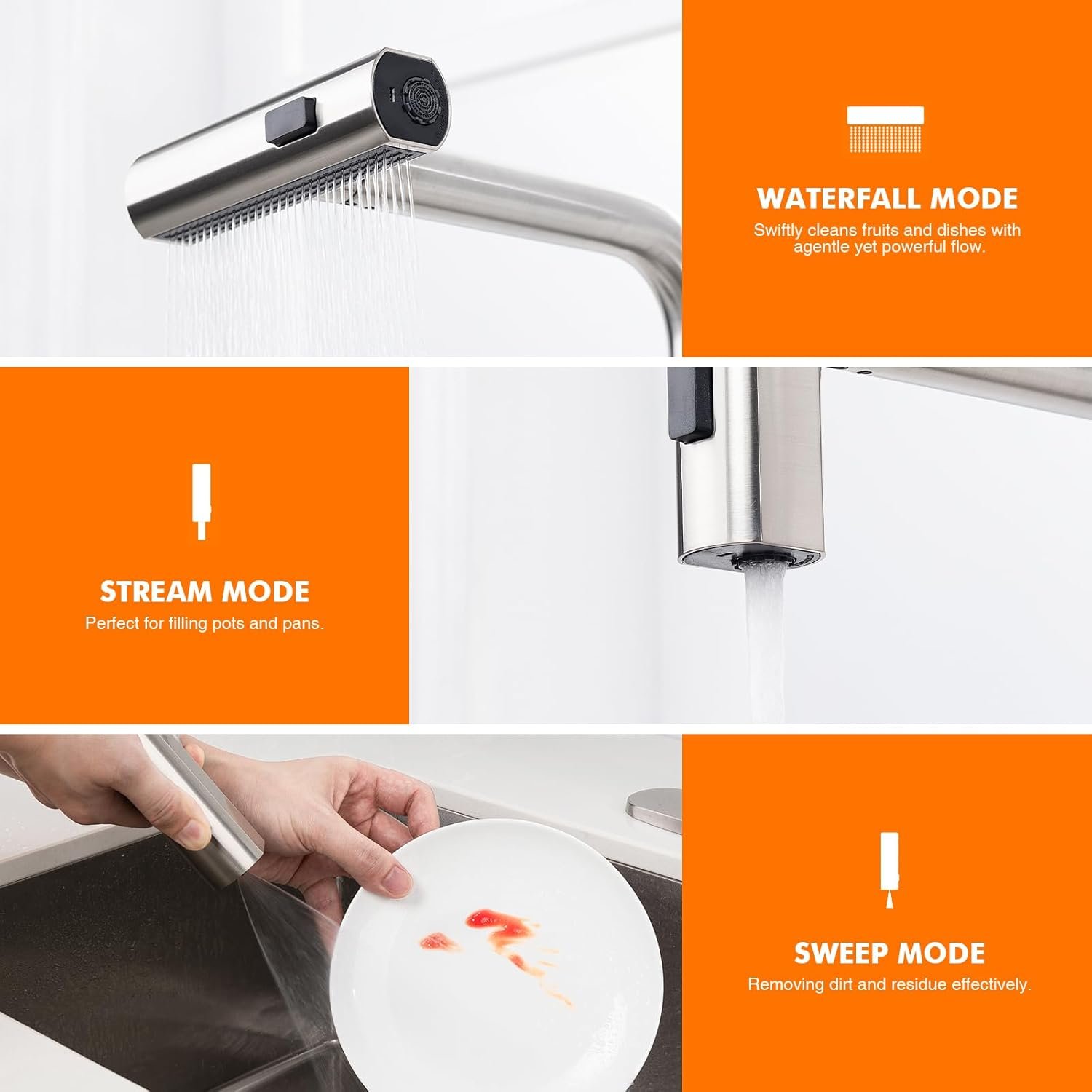 Waterfall Kitchen Faucet 3 in 1 Function, Kitchen Faucet with Pull Down Sprayer, Stainless Steel Kitchen Sink Faucets for Farmhouse, Camper, Laundry, Rv, Bar (Brushed Nickel) - Image 3