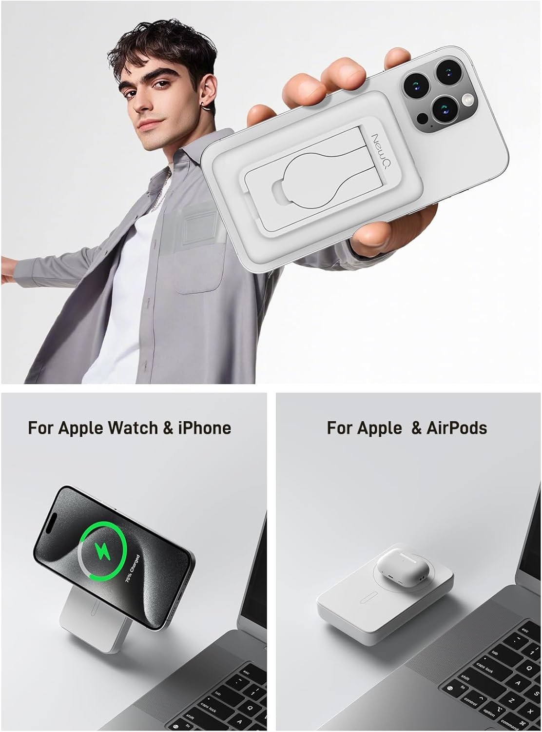 Portable Charger with Apple Watch Charging, 10000mAh Magnetic Wireless Power Bank for iPhone 16/15/14/13/12, Apple Watch, Samsung, Google Pixel (Magnetic Case), Foldable Stand, Wired PD 18W, White - Image 5