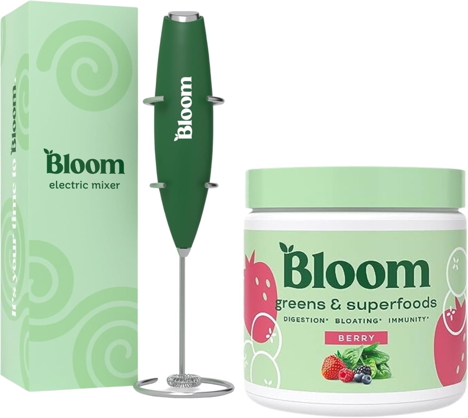 Bloom Nutrition Superfood Greens Powder, Digestive Enzymes with Probiotics and Prebiotics, Gut Health, Bloating Relief, Berry + Milk Frother High Powered Hand Mixer - Image 2