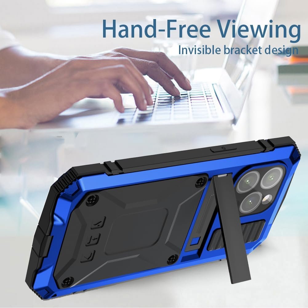 Compatible with iPhone 15 Pro Max Metal Case with Screen Protector Camera Protector Military Rugged Heavy Duty Shockproof Case with Metal Kickstand Full Body Tough Dustproof Case(Blue) - Image 5